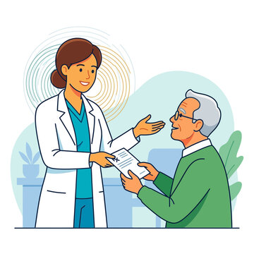 Doctor gives prescription to elderly patient, healthcare consultation, flat vector illustration, simple design, doctor-patient interaction