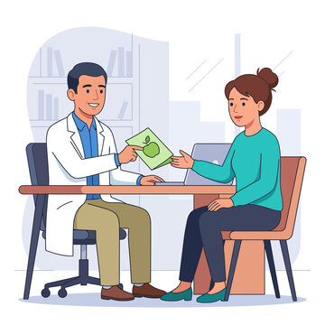 Doctor gives healthy eating advice pamphlet with apple icon to patient in clinic setting.