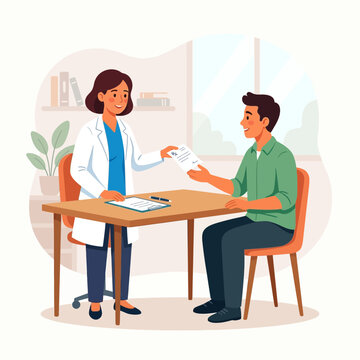 Doctor gives prescription to patient in consultation room, flat vector illustration
