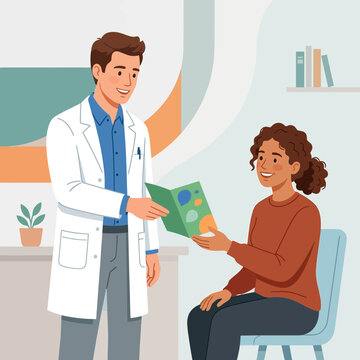 Doctor Giving Information Brochure to Patient in Flat Design Style