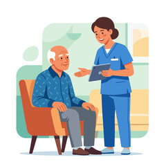 Obraz premium Elderly Man Receives Care from Nurse with Tablet in Flat Design