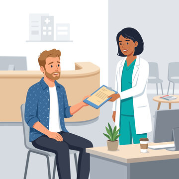 Doctor giving patient a document in a modern clinic waiting area, flat design vector illustration
