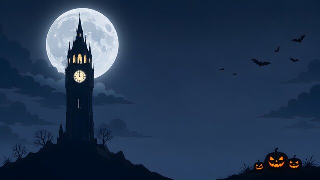 A captivating halloween vector illustration depicting a spooky clock tower silhouetted against a full moon with bats flying and a jack o' lantern glowing in