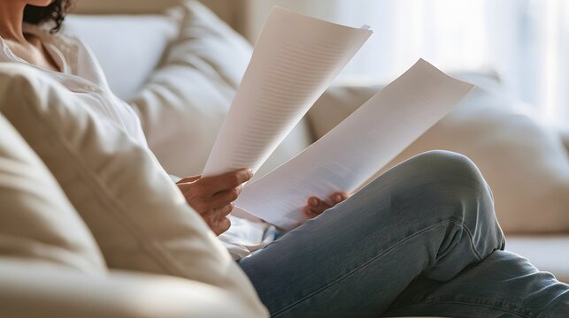 Person reviewing paper documents while sitting on sofa at home.