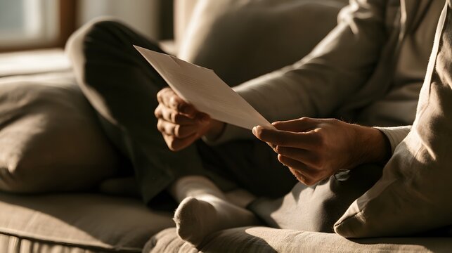 Person reading paper document while sitting comfortably on sofa at home.