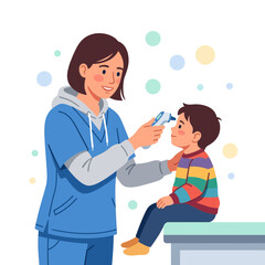 Obraz premium Nurse Checks Child's Temperature with Digital Thermometer - Flat Vector Illustration