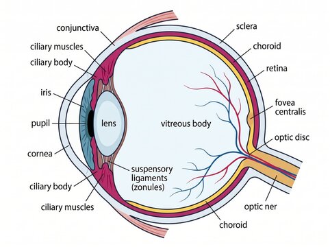 Detailed cross section diagram of human eye anatomy highlighting cornea lens retina and optic nerve with structure ophthalmology optometry physiology vitreous illustration educational clinical