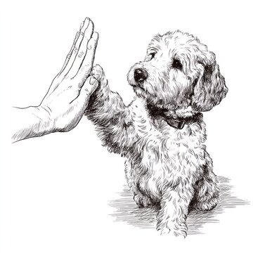 Dog paw high five with hand