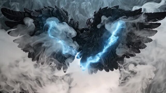 Large black wings with blue energy and smoke