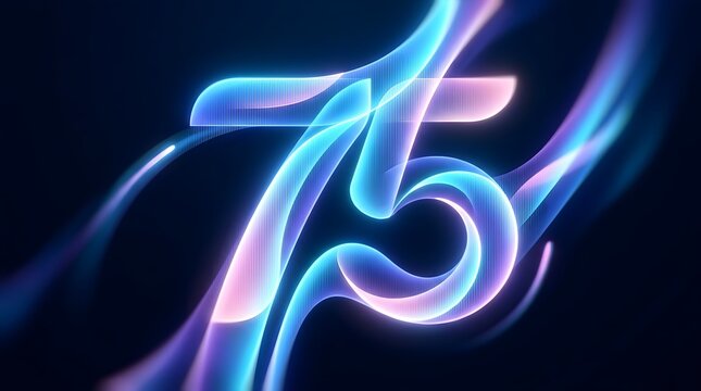 Glowing neon number seventy five with futuristic light waves on dark background