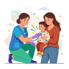 Fototapeta premium Pediatrician examines child with mother present, flat vector illustration representing healthcare, trust, and family.
