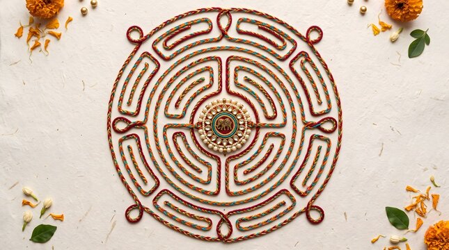 Traditional Indian Rakhi Thread Labyrinth with Elephant Ornament and Flowers