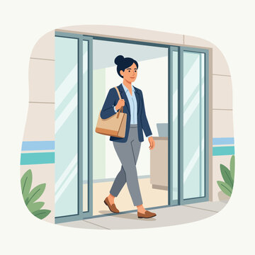 Businesswoman exiting modern office building, carrying a work bag, vector illustration