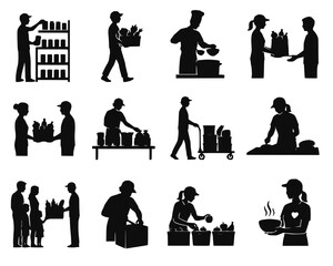 Fototapeta premium Food Bank Charity Volunteer Silhouette Set Vector, Food Donation, Soup Kitchen, Grocery, Hunger Relief, Transparent Background