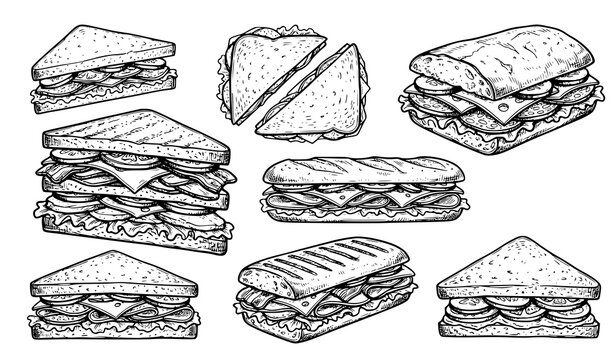 Layered Deli Sandwich Triangle Rectangle Vintage Sketch Vector Collection