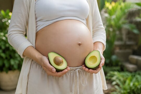 Pregnant woman holding avocado halves against her belly