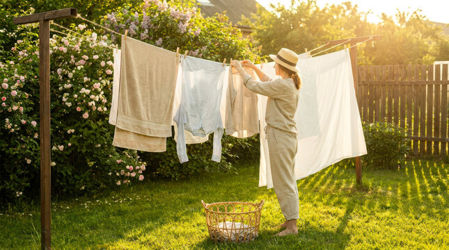Woman in a straw hat hanging laundry on a clothesline in a sunny garden representing eco friendly washing, slow living lifestyle, and fresh outdoor housekeeping.
