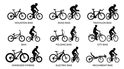 Fototapeta premium Diverse collection of professional bicycle vector silhouettes showing various cycling models for modern graphic design projects