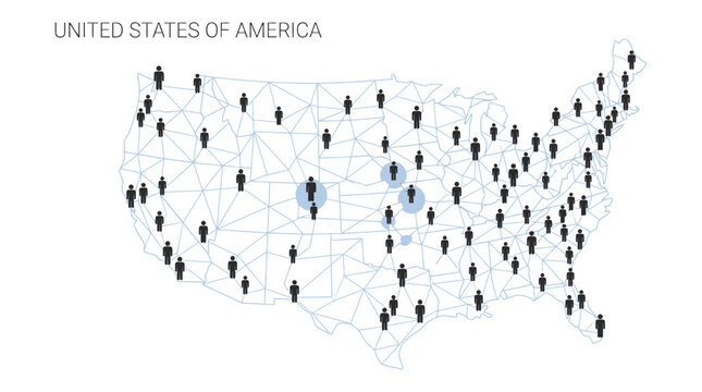 Minimalist vector illustration showing united states map with human population density nodes for global demographics analysis