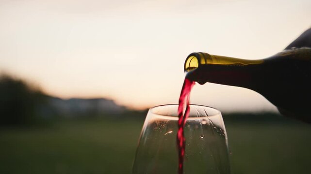 As the sun sets over the vineyard, a bottle of exquisite red wine cascades into a pristine glass, revealing the elegance of a luxurious evening drink amid nature's beauty.