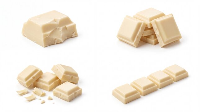 Pieces of sweet white chocolate squares in various layouts