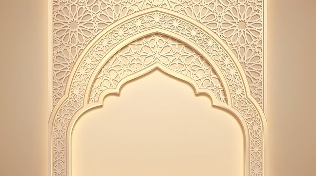 Elegant Islamic Background with Gold Arched Frame and Intricate Arabesque Pattern for Ramadan and Eid