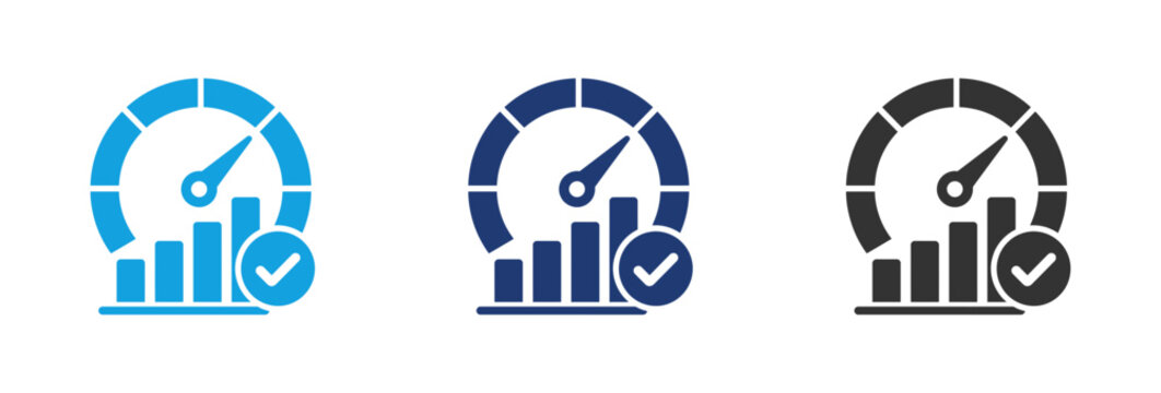 A set of three performance measurement icons featuring speedometers bar graphs and checkmarks representing data analysis and business success metrics