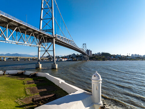 Florianopolis, Hercilio Luz Bridge During the Day in Santa Catarina Brazil, Aerial View