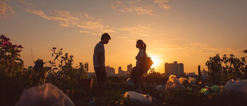 Couple sunset silhouette among urban waste