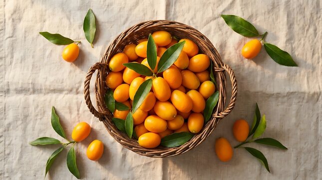 Fresh kumquat fruits in wicker basket on tabletop top view with ingredient
