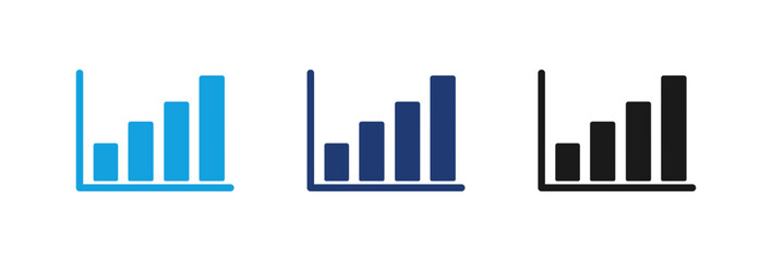 Obraz premium A collection of three minimalist bar graph icons representing business analytics data visualization and upward financial trends in blue navy and black colors