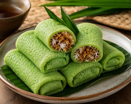 Soft Green Pandan Lemper Filled with Sweet Coconut and Palm Sugar Aromatic Dessert Indonesian Cuisine Refreshing Traditional Southeast Asian Snacks