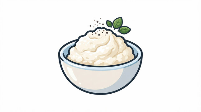 Vector illustration of creamy mashed potatoes in a bowl with fresh green herbs and pepper garnish isolated on white background