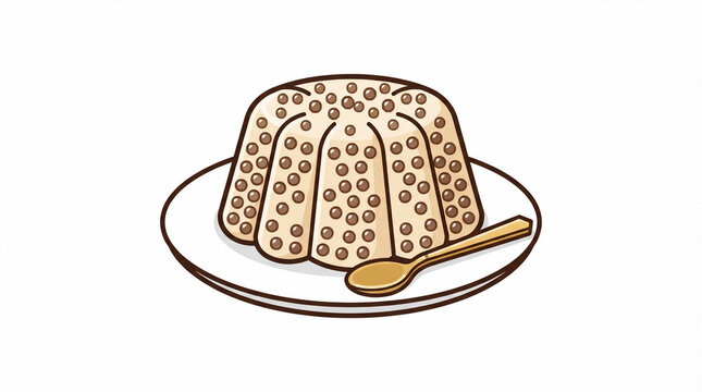 Vector illustration of a delicious tapioca pearl pudding dessert served on a plate with a spoon