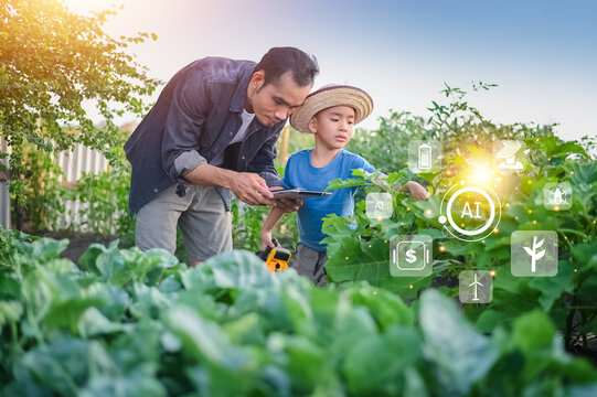 People using Tablet and AI Smart Farmer concept. Father and son using AI technology in organic farming to increase crop production and reduce chemical use.