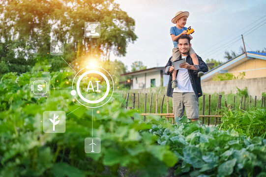 People using Tablet and AI Smart Farmer concept. Father and son using AI technology in organic agriculture to improve crop growth and farming efficiency.