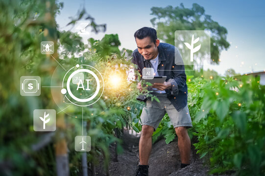 People using tablet internet and AI Smart Farmer concept.