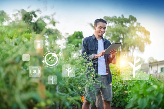 People using tablet internet and AI Smart Farmer concept.