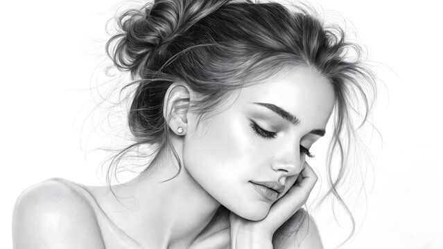 Graphite pencil sketch of a beautiful young woman with an elegant messy bun hairstyle.