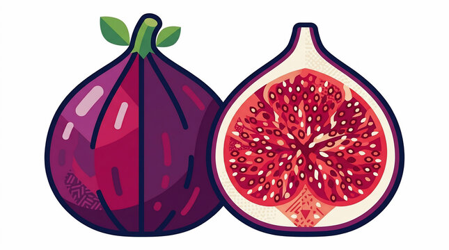 Vector illustration of a fresh purple fig fruit and a ripe half sliced fig with red seeds isolated on white background for food design
