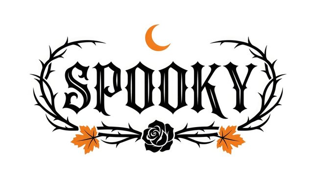 Hand lettered spooky design with crescent moon rose and western elements for halloween