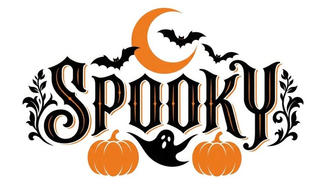 Hand lettered spooky halloween design with pumpkins bats and crescent moon