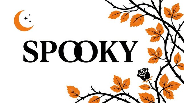 Spooky halloween design with autumn leaves and crescent moon on a white background