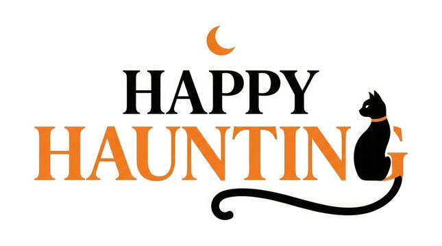 Happy haunting halloween typography with black cat and crescent moon illustration