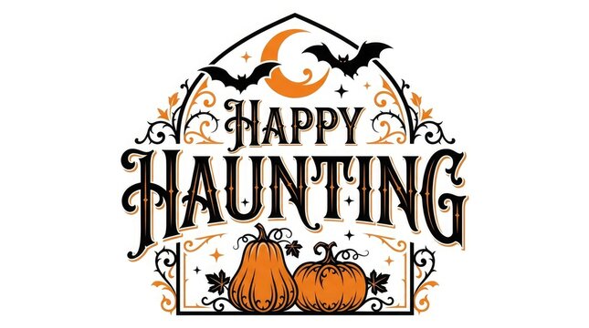 Vintage halloween decoration with pumpkins bats and a crescent moon reading happy haunting