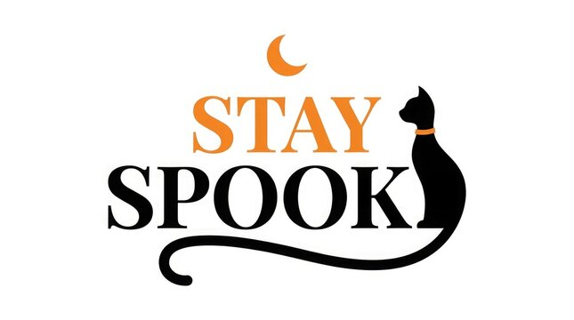 Stay spooky halloween graphic with black cat silhouette and crescent moon illustration