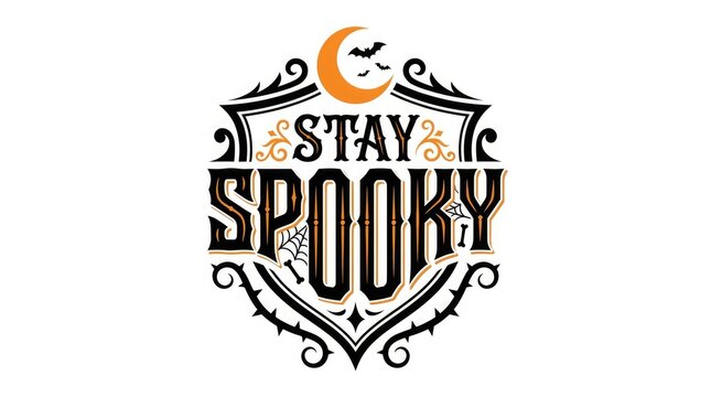 Stay spooky halloween typography design with crescent moon and bat illustration