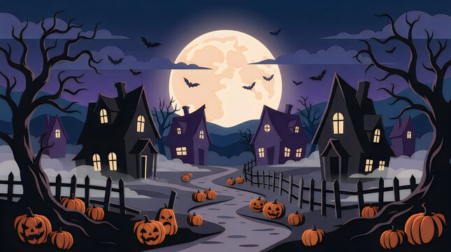 A spooky halloween night scene depicts a creepy cemetery with a smiling moon and numerous pumpkins creating a