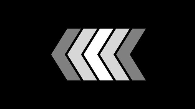 Five grey chevron arrows pointing left in a row against a solid black background simple graphic design element for business presentation and digital navigation interface