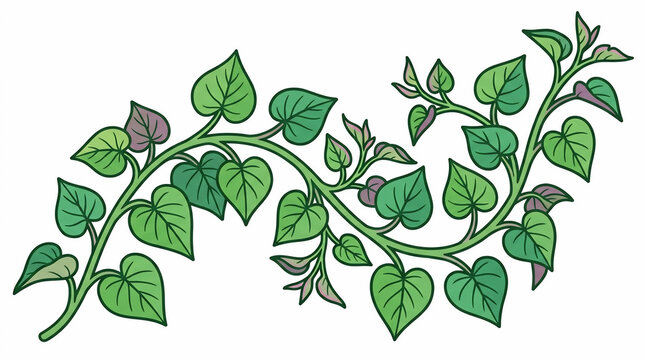 Green leafy vine vector illustration with heart-shaped foliage and organic wavy stem on white